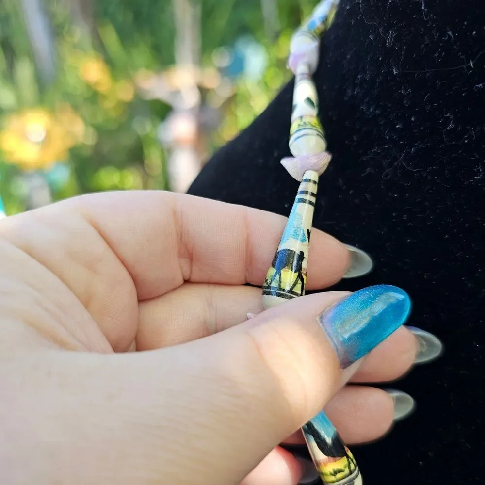 Vintage Peruvian Hand painted Ceramic Bead Necklace with Cactus and Llamas